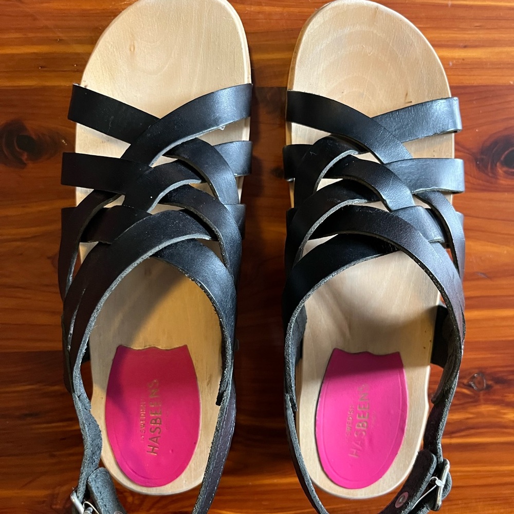 Swedish Hasbeens Black Leather Women's Sandals